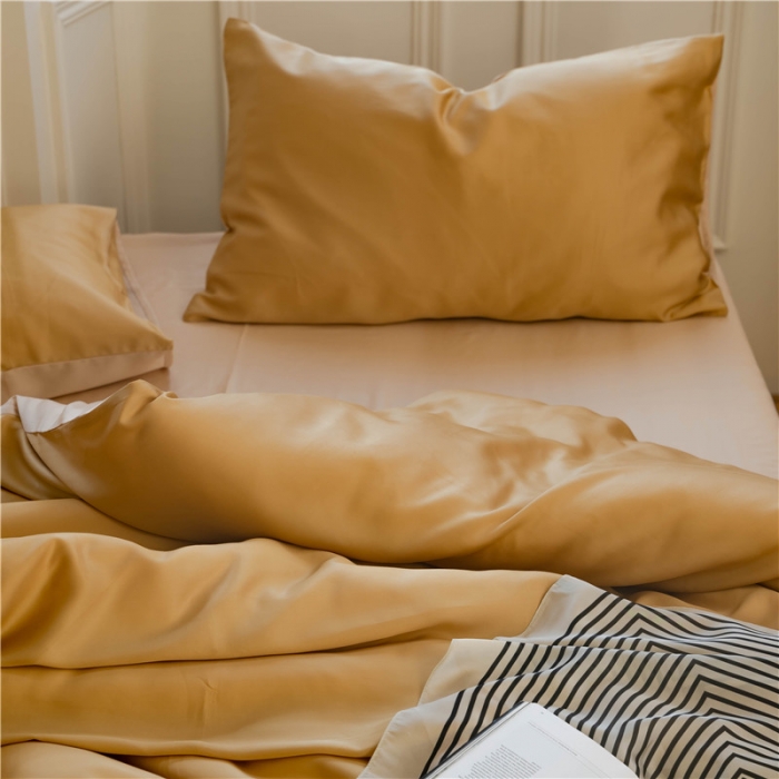 91家纺网 家纺一手货源 找家纺 沐白 60S纯色天丝四件套 芝士黄-沙茶色