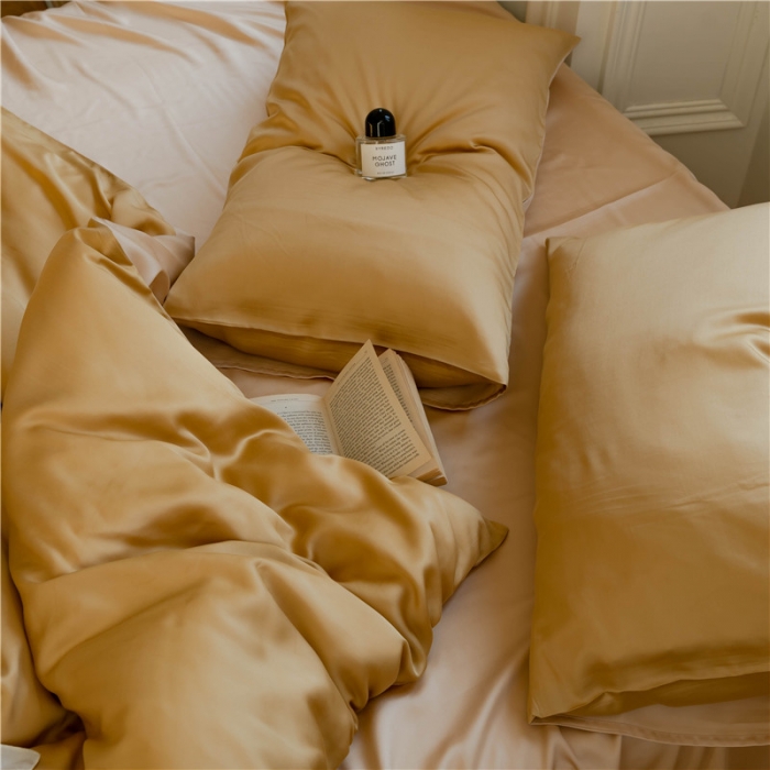 91家纺网 家纺一手货源 找家纺 沐白 60S纯色天丝四件套 芝士黄-沙茶色