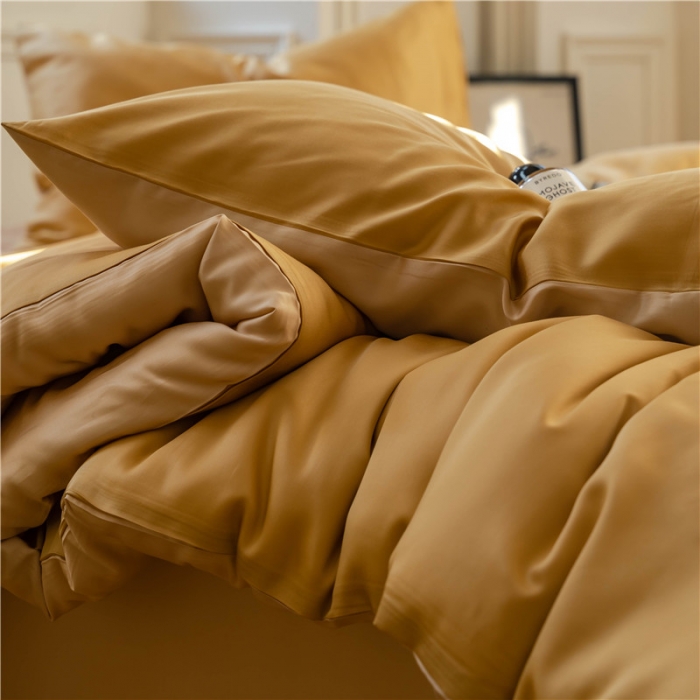 91家纺网 家纺一手货源 找家纺 沐白 60S纯色天丝四件套 芝士黄-沙茶色