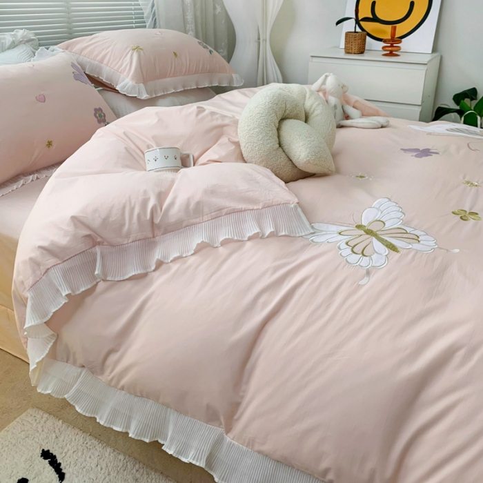 91家纺网 家纺一手货源 找家纺 梵克保罗 新款母婴级全棉水洗棉绣花四件套-蝴蝶夫人 蝴蝶夫人-粉