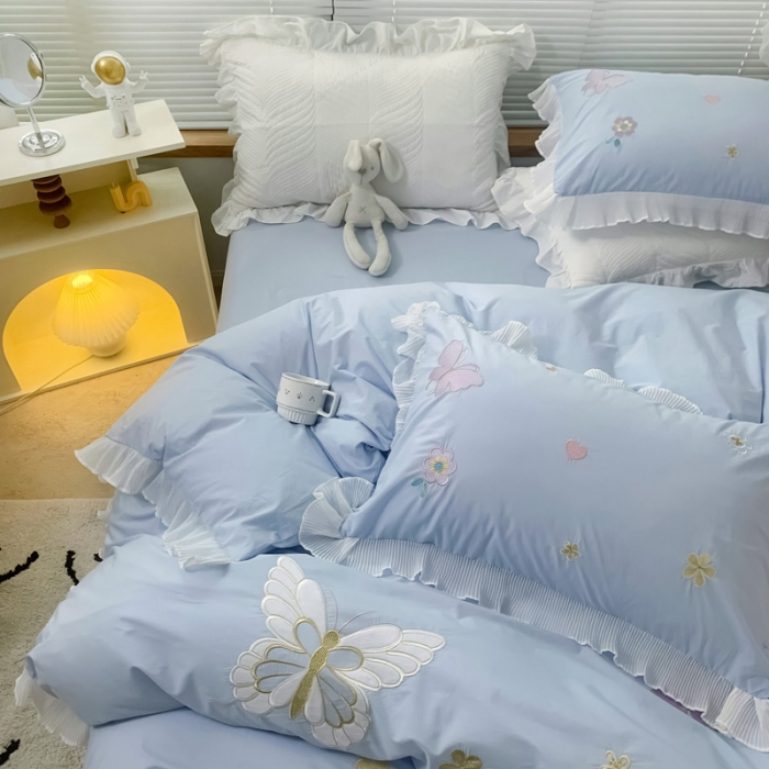 91家纺网 家纺一手货源 找家纺 梵克保罗 新款母婴级全棉水洗棉绣花四件套-蝴蝶夫人 蝴蝶夫人-兰