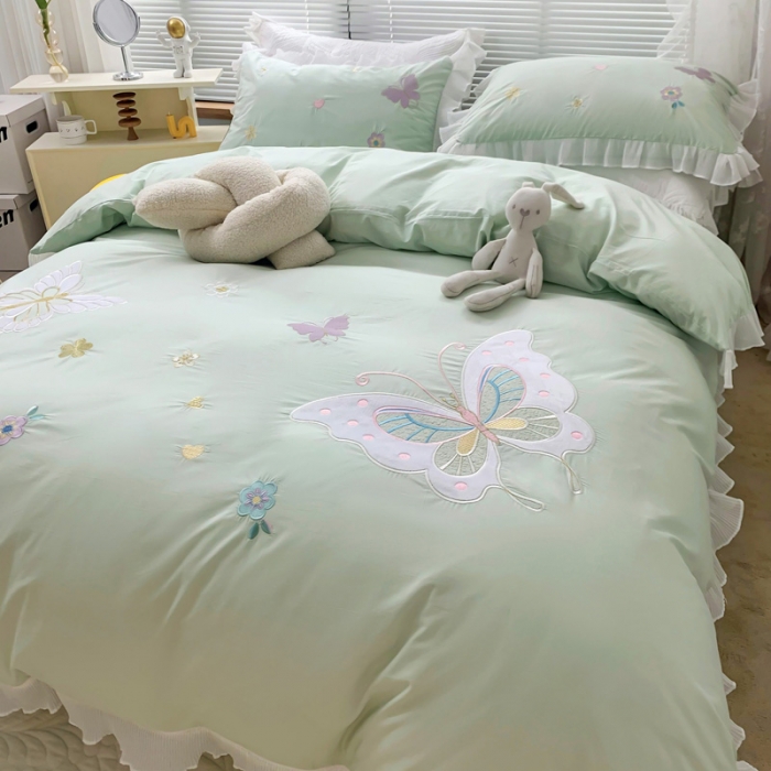 91家纺网 家纺一手货源 找家纺 梵克保罗 新款母婴级全棉水洗棉绣花四件套-蝴蝶夫人 蝴蝶夫人-绿