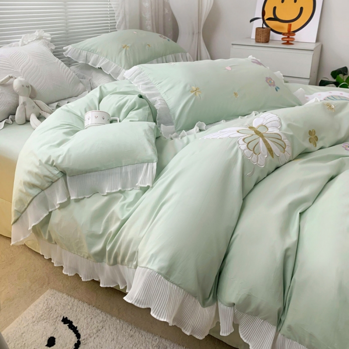 91家纺网 家纺一手货源 找家纺 梵克保罗 新款母婴级全棉水洗棉绣花四件套-蝴蝶夫人 蝴蝶夫人-绿