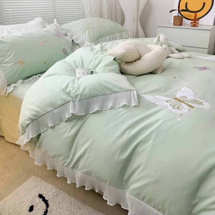 91家纺网 家纺一手货源 找家纺 梵克保罗 新款母婴级全棉水洗棉绣花四件套-蝴蝶夫人 蝴蝶夫人-绿