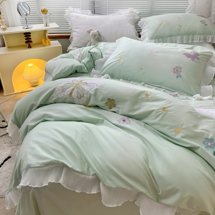 91家纺网 家纺一手货源 找家纺 梵克保罗 新款母婴级全棉水洗棉绣花四件套-蝴蝶夫人 蝴蝶夫人-绿