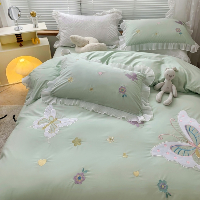 91家纺网 家纺一手货源 找家纺 梵克保罗 新款母婴级全棉水洗棉绣花四件套-蝴蝶夫人 蝴蝶夫人-绿