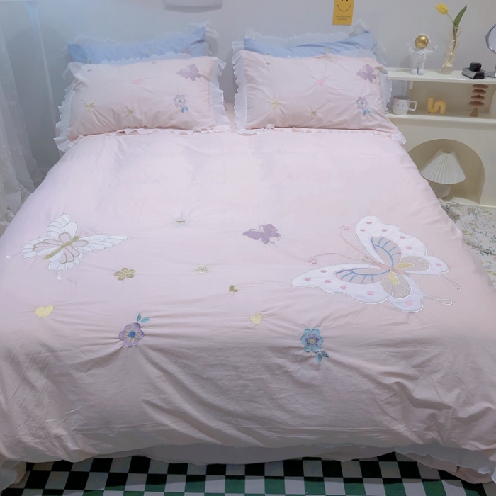 91家纺网 家纺一手货源 找家纺 梵克保罗 新款母婴级全棉水洗棉绣花四件套-蝴蝶夫人 蝴蝶夫人-粉