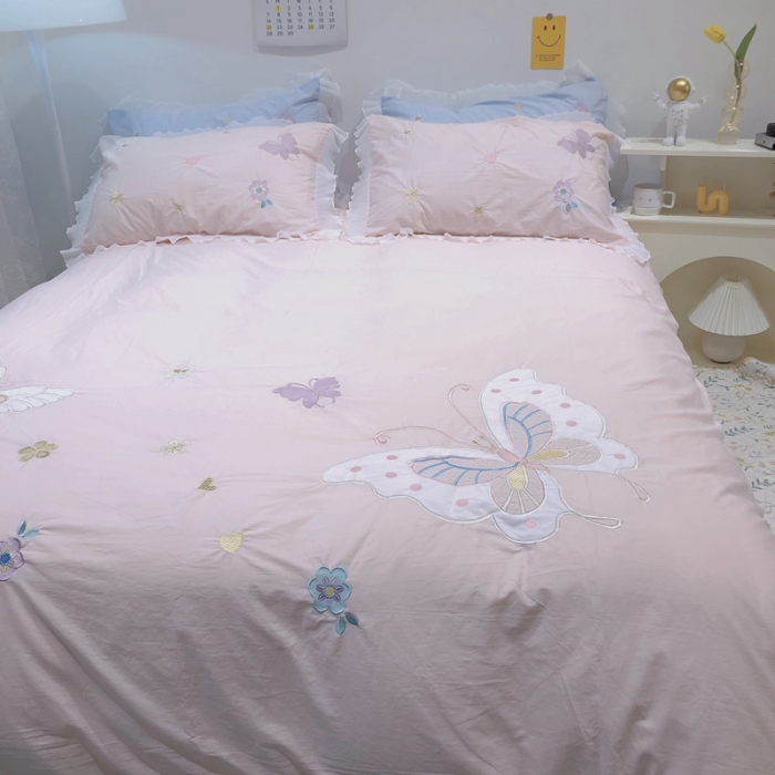 91家纺网 家纺一手货源 找家纺 梵克保罗 新款母婴级全棉水洗棉绣花四件套-蝴蝶夫人 蝴蝶夫人-粉