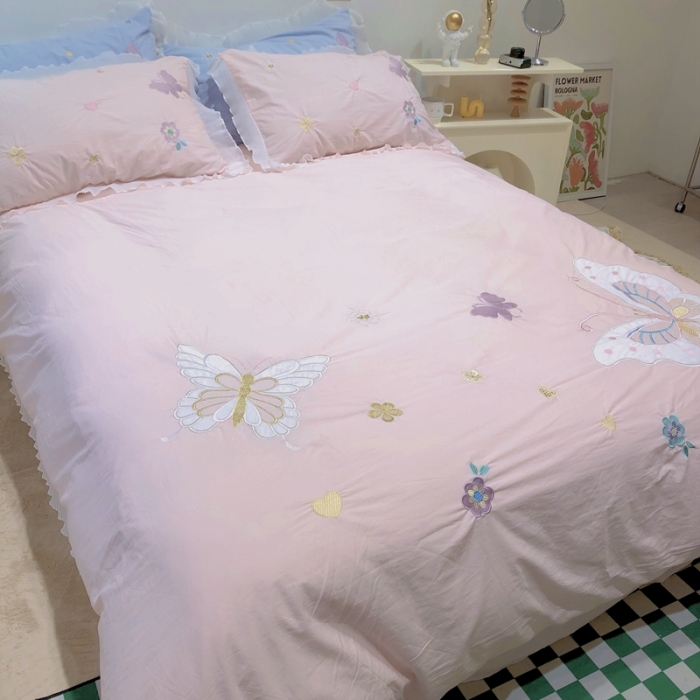 91家纺网 家纺一手货源 找家纺 梵克保罗 新款母婴级全棉水洗棉绣花四件套-蝴蝶夫人 蝴蝶夫人-粉