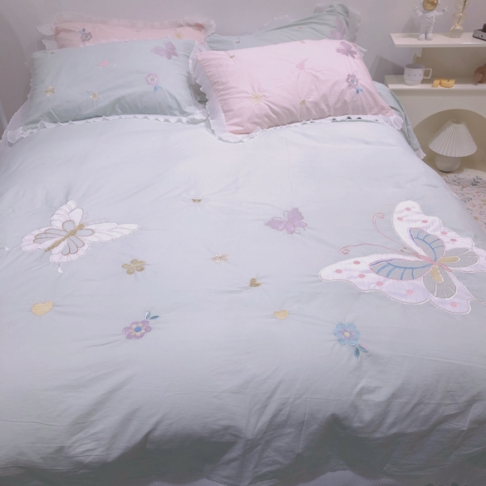 91家纺网 家纺一手货源 找家纺 梵克保罗 新款母婴级全棉水洗棉绣花四件套-蝴蝶夫人 蝴蝶夫人-绿