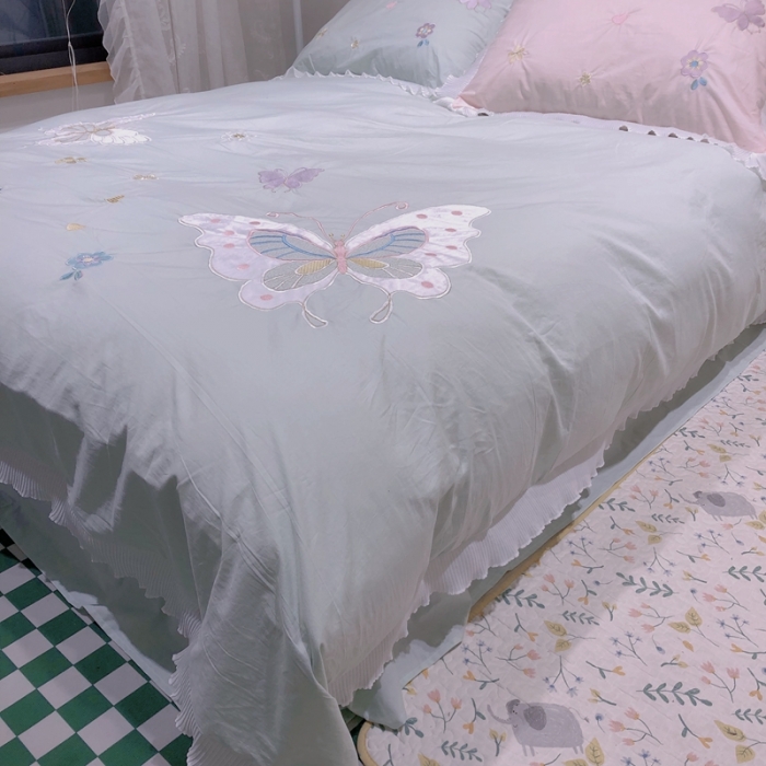 91家纺网 家纺一手货源 找家纺 梵克保罗 新款母婴级全棉水洗棉绣花四件套-蝴蝶夫人 蝴蝶夫人-绿