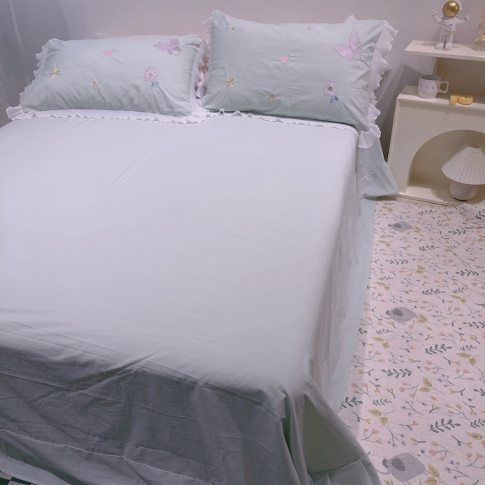 91家纺网 家纺一手货源 找家纺 梵克保罗 新款母婴级全棉水洗棉绣花四件套-蝴蝶夫人 蝴蝶夫人-绿