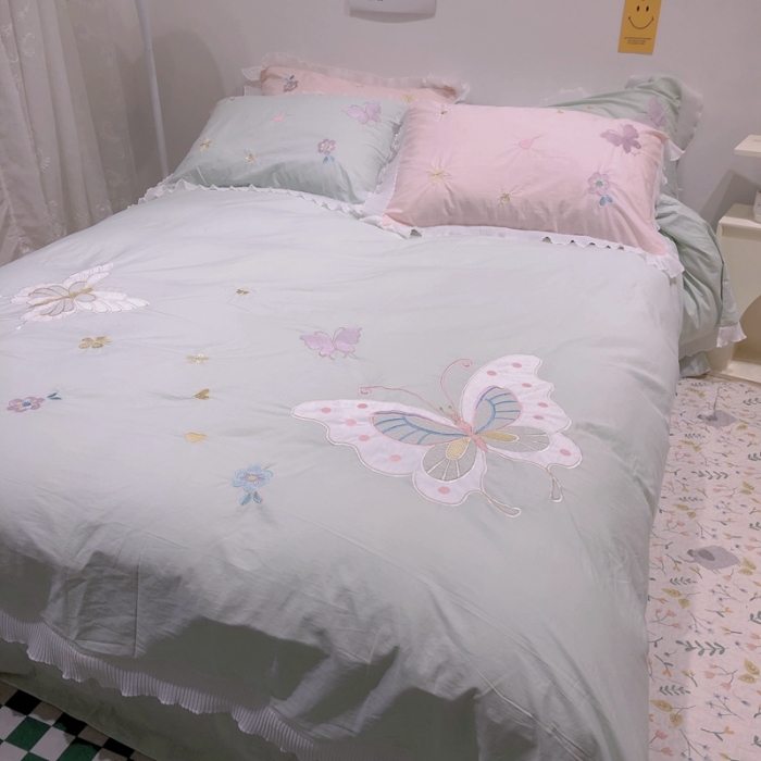 91家纺网 家纺一手货源 找家纺 梵克保罗 新款母婴级全棉水洗棉绣花四件套-蝴蝶夫人 蝴蝶夫人-绿