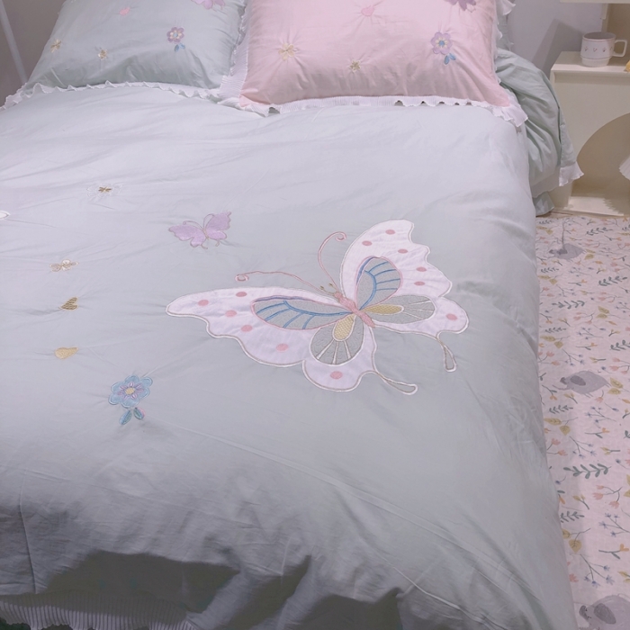 91家纺网 家纺一手货源 找家纺 梵克保罗 新款母婴级全棉水洗棉绣花四件套-蝴蝶夫人 蝴蝶夫人-绿