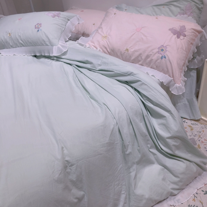 91家纺网 家纺一手货源 找家纺 梵克保罗 新款母婴级全棉水洗棉绣花四件套-蝴蝶夫人 蝴蝶夫人-绿