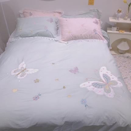 梵克保罗 新款母婴级全棉水洗棉绣花四件套-蝴蝶夫人 蝴蝶夫人-绿