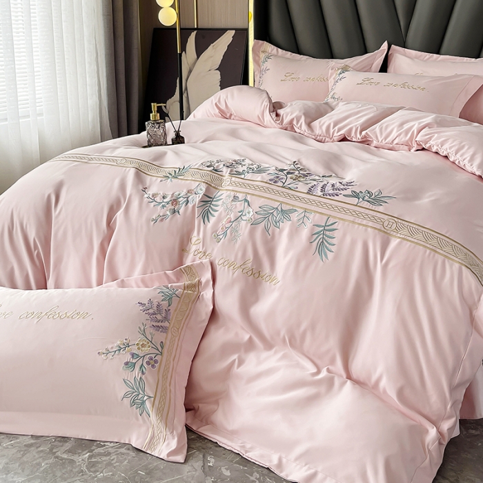 91家纺网 家纺一手货源 找家纺 梵克保罗 春夏新款轻奢刺绣贡缎冰丝天丝棉四件套-华尔兹 华尔兹-玫瑰粉