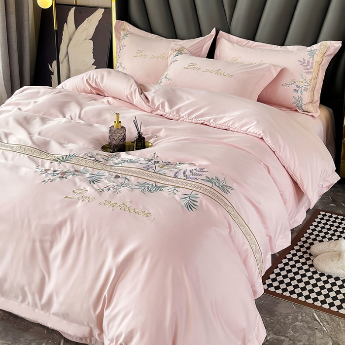 91家纺网 家纺一手货源 找家纺 梵克保罗 春夏新款轻奢刺绣贡缎冰丝天丝棉四件套-华尔兹 华尔兹-玫瑰粉