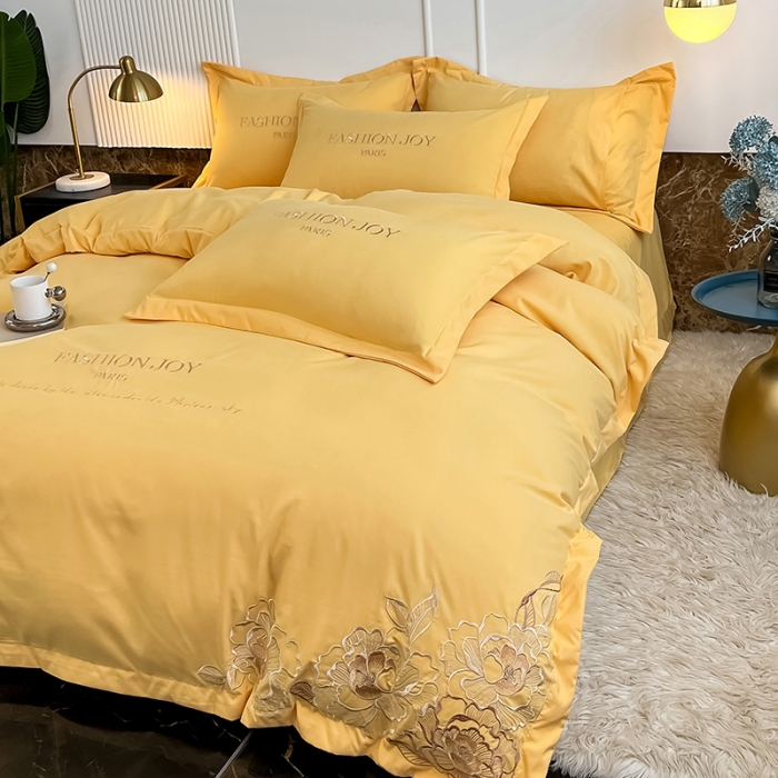 91家纺网 家纺一手货源 找家纺 梵克保罗 新款长绒棉刺绣花边四件套北欧轻奢-繁星 繁星-柠檬黄