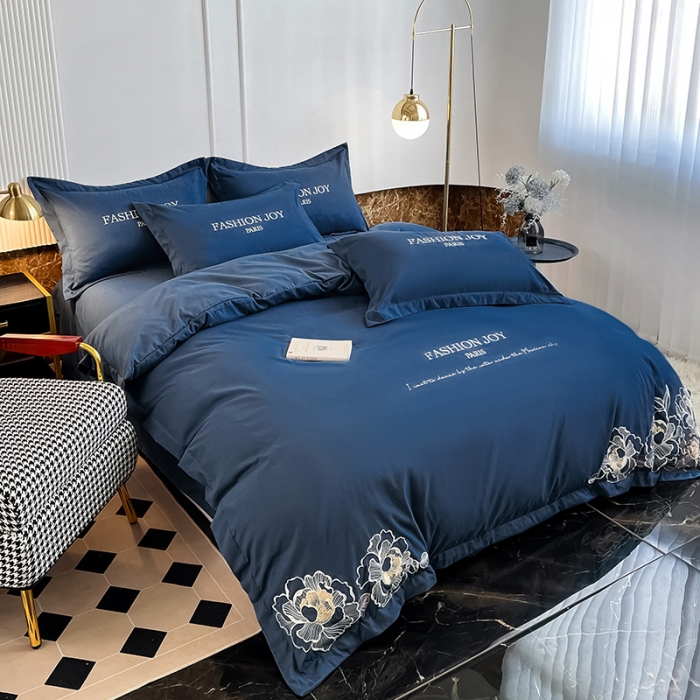 91家纺网 家纺一手货源 找家纺 梵克保罗 新款长绒棉刺绣花边四件套北欧轻奢-繁星 繁星-钻石蓝