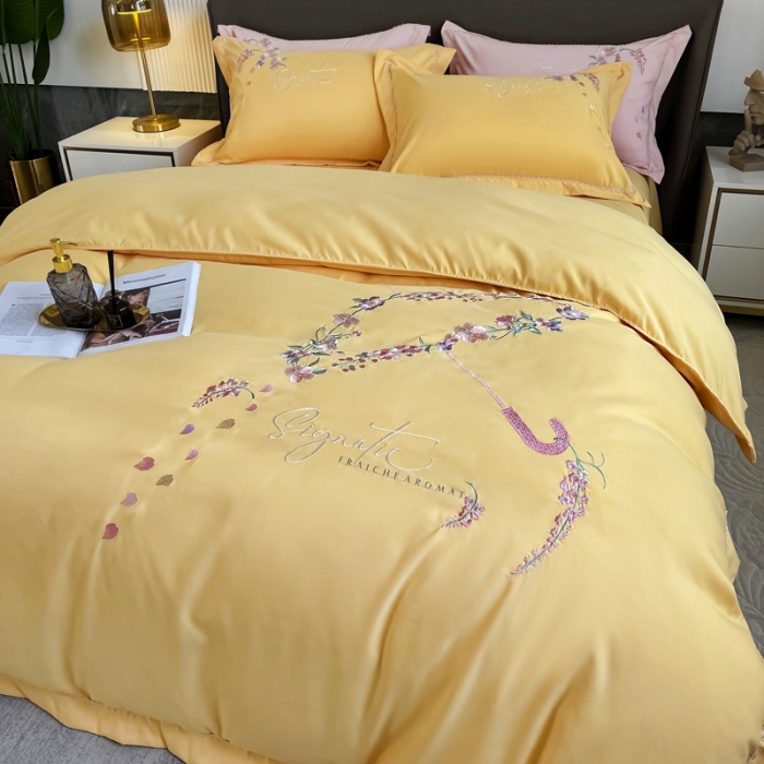 91家纺网 家纺一手货源 找家纺 梵克保罗 2024春夏直播热卖长绒棉绣花花边四件套-莉薇 莉薇-柠檬黄