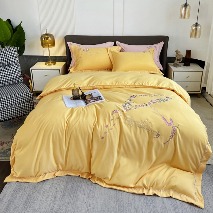 91家纺网 家纺一手货源 找家纺 梵克保罗 2024春夏直播热卖长绒棉绣花花边四件套-莉薇 莉薇-柠檬黄