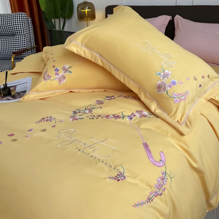 91家纺网 家纺一手货源 找家纺 梵克保罗 2024春夏直播热卖长绒棉绣花花边四件套-莉薇 莉薇-柠檬黄