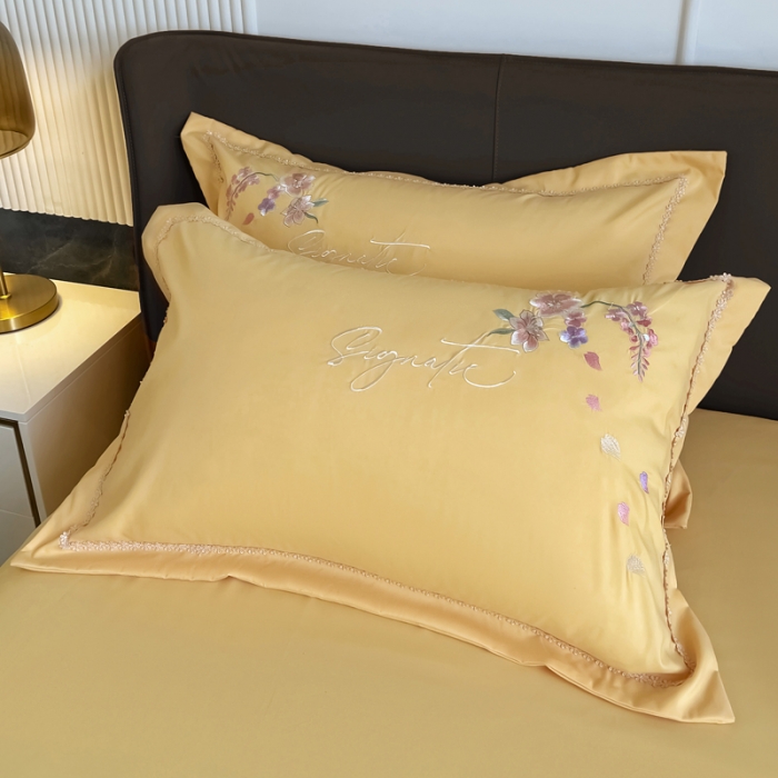 91家纺网 家纺一手货源 找家纺 梵克保罗 2024春夏直播热卖长绒棉绣花花边四件套-莉薇 莉薇-柠檬黄