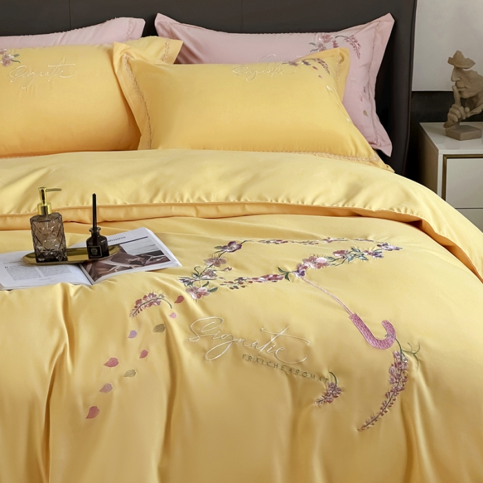 91家纺网 家纺一手货源 找家纺 梵克保罗 2024春夏直播热卖长绒棉绣花花边四件套-莉薇 莉薇-柠檬黄