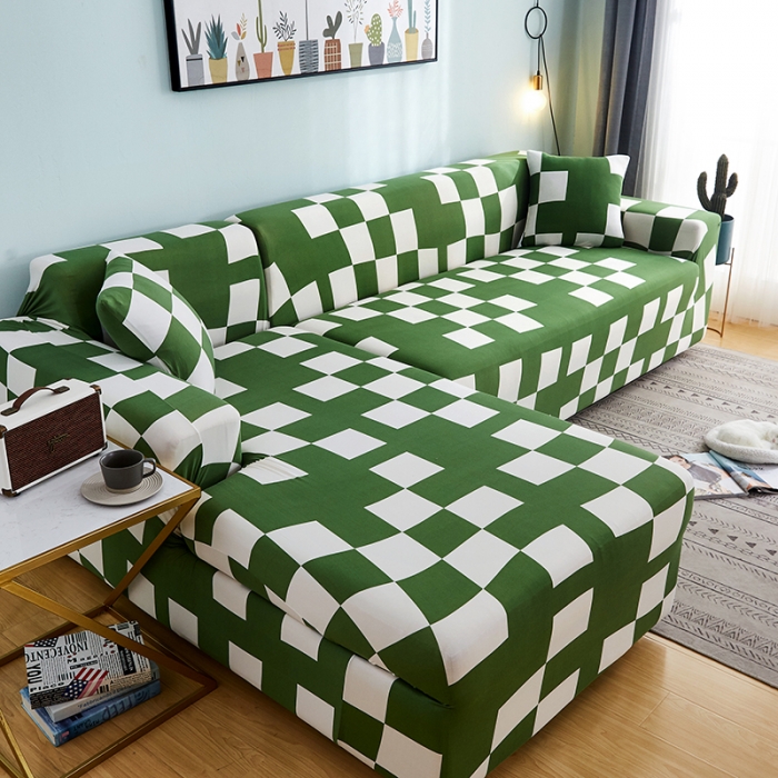 91家纺网 家纺一手货源 找家纺 逐日沙发套 2023新款牛奶丝印花沙发套 绿白格