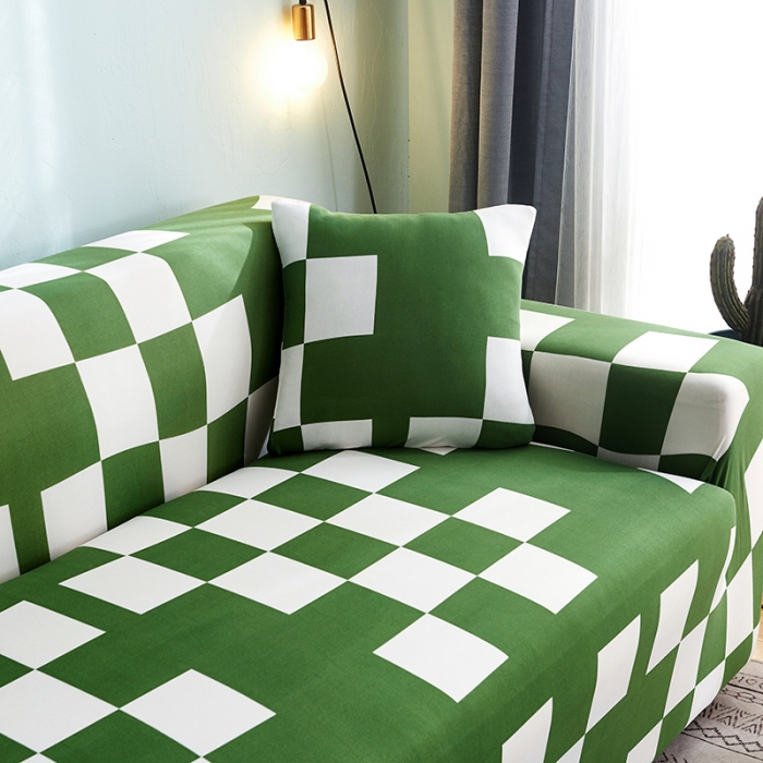 91家纺网 家纺一手货源 找家纺 逐日沙发套 2023新款牛奶丝印花沙发套 绿白格