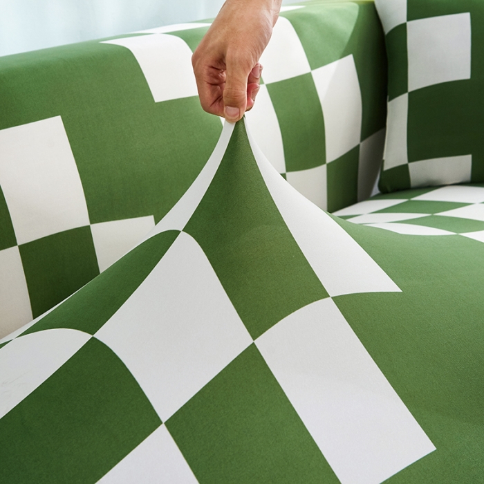 91家纺网 家纺一手货源 找家纺 逐日沙发套 2023新款牛奶丝印花沙发套 绿白格