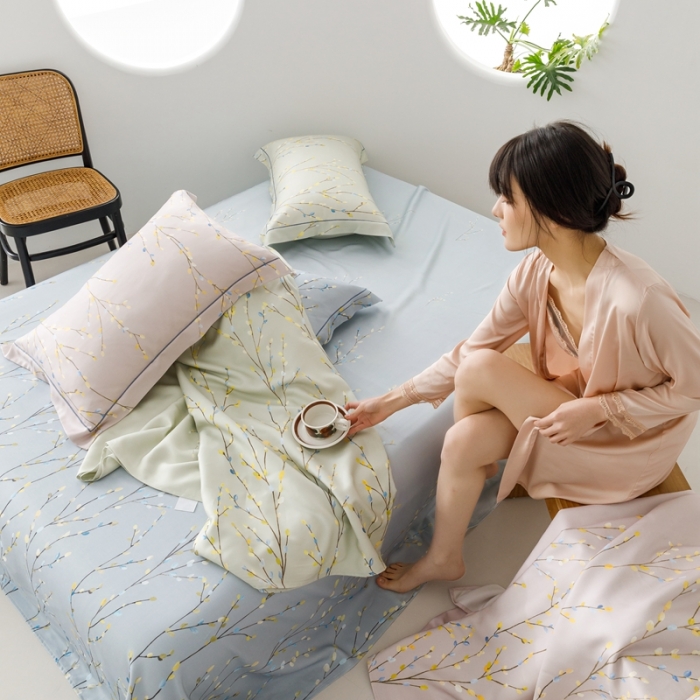 91家纺网 家纺一手货源 找家纺 榻尚 2024新款竹纤维印花夏凉席三件套 春意 兰