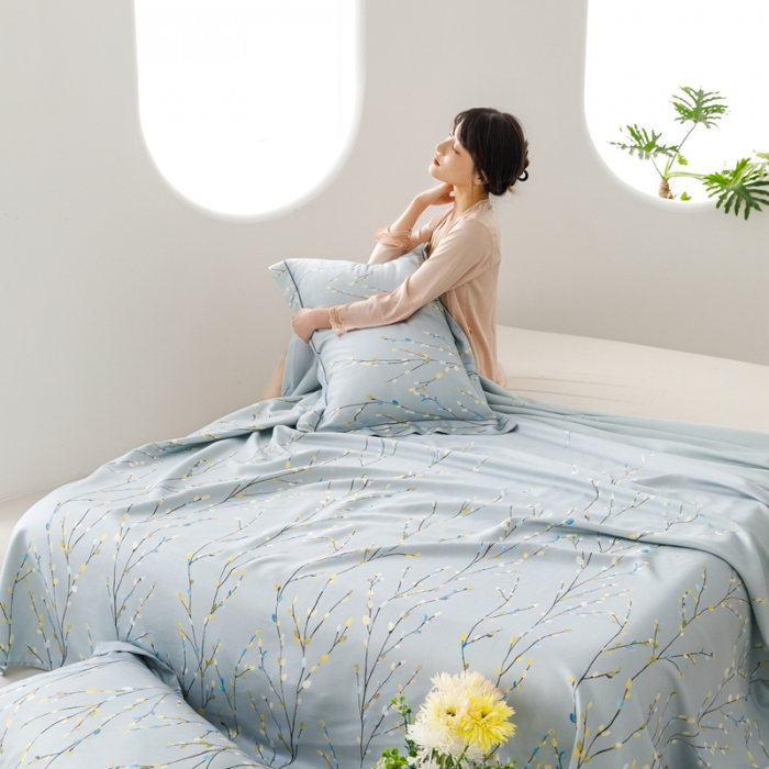 91家纺网 家纺一手货源 找家纺 榻尚 2024新款竹纤维印花夏凉席三件套 春意 兰