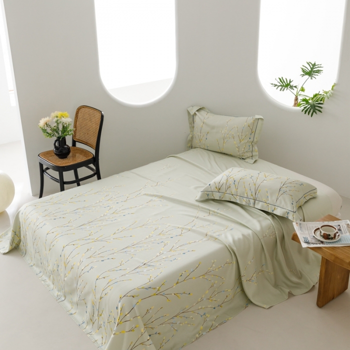 91家纺网 家纺一手货源 找家纺 榻尚 2024新款竹纤维印花夏凉席三件套 春意 绿