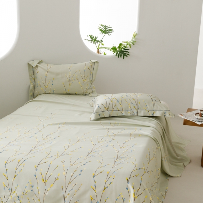 91家纺网 家纺一手货源 找家纺 榻尚 2024新款竹纤维印花夏凉席三件套 春意 绿