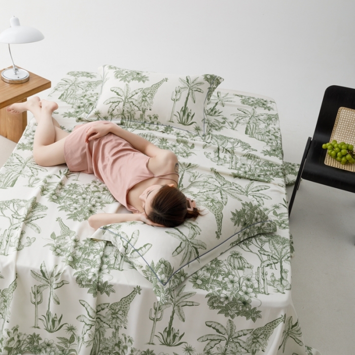 91家纺网 家纺一手货源 找家纺 榻尚 2023新款竹纤维印花夏凉席三件套 丛林 绿