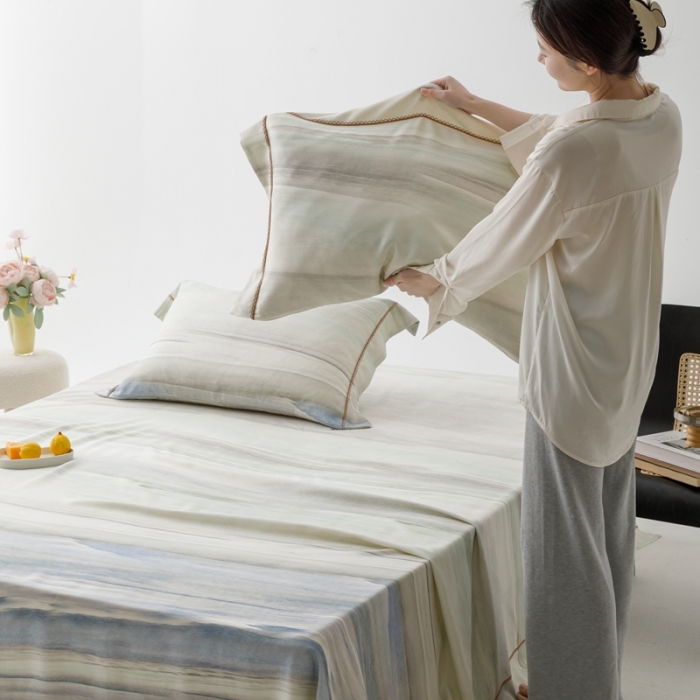 91家纺网 家纺一手货源 找家纺 榻尚 2023新款竹纤维印花夏凉席三件套 大理 蓝