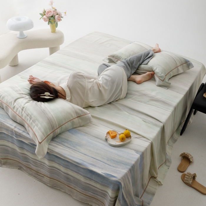 91家纺网 家纺一手货源 找家纺 榻尚 2023新款竹纤维印花夏凉席三件套 大理 蓝