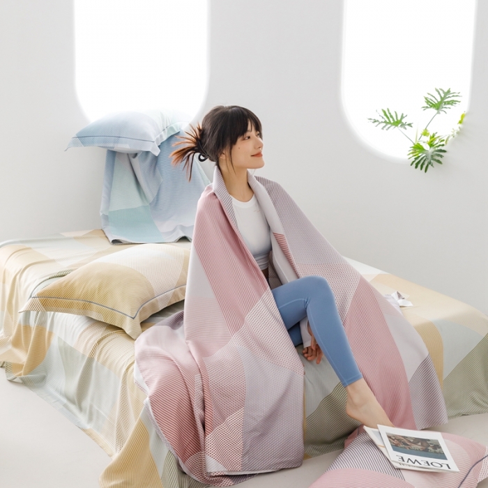 91家纺网 家纺一手货源 找家纺 榻尚 2024新款竹纤维印花夏凉席三件套 多彩 粉