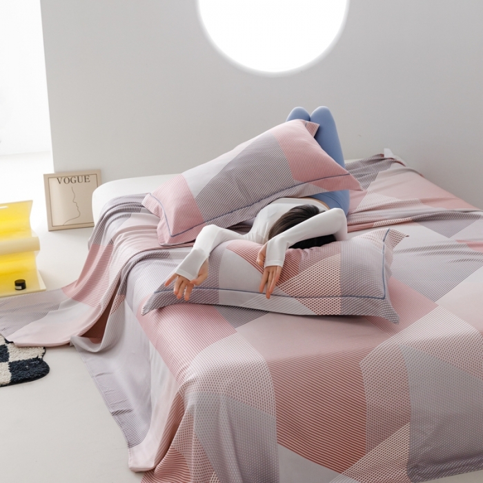 91家纺网 家纺一手货源 找家纺 榻尚 2024新款竹纤维印花夏凉席三件套 多彩 粉