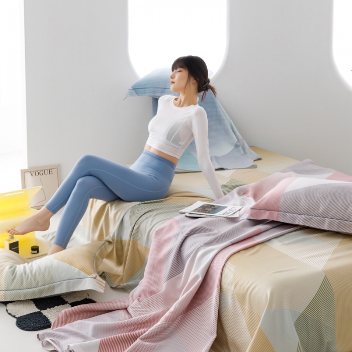 91家纺网 家纺一手货源 找家纺 榻尚 2024新款竹纤维印花夏凉席三件套 多彩 粉