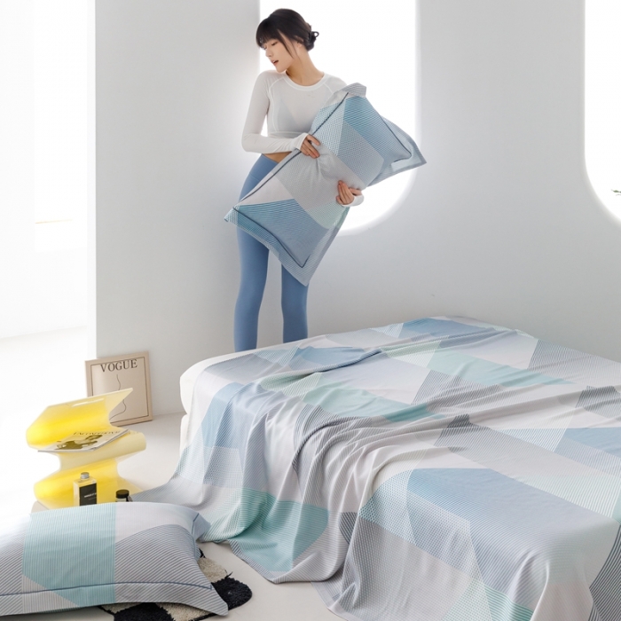 91家纺网 家纺一手货源 找家纺 榻尚 2024新款竹纤维印花夏凉席三件套 多彩 蓝