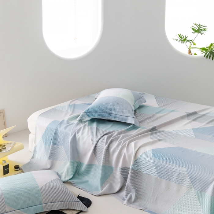 91家纺网 家纺一手货源 找家纺 榻尚 2024新款竹纤维印花夏凉席三件套 多彩 蓝