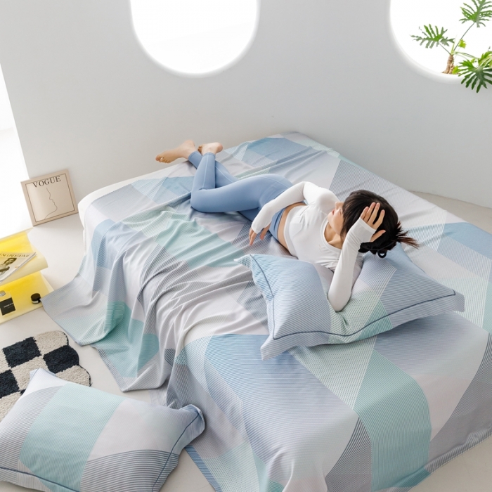 91家纺网 家纺一手货源 找家纺 榻尚 2024新款竹纤维印花夏凉席三件套 多彩 蓝