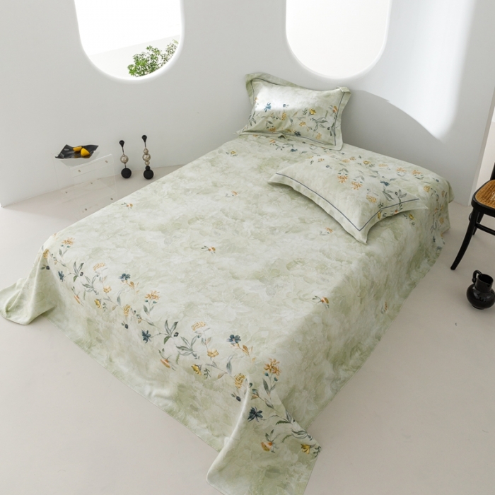 91家纺网 家纺一手货源 找家纺 榻尚 2024新款竹纤维印花夏凉席三件套 海棠绿