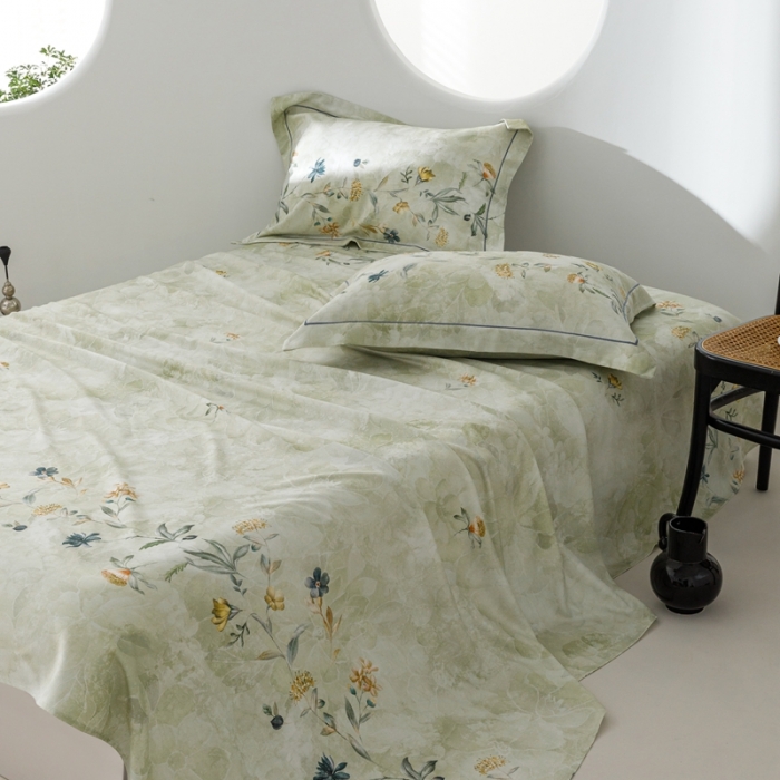 91家纺网 家纺一手货源 找家纺 榻尚 2024新款竹纤维印花夏凉席三件套 海棠绿