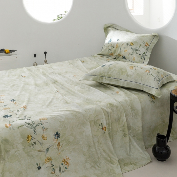 91家纺网 家纺一手货源 找家纺 榻尚 2024新款竹纤维印花夏凉席三件套 海棠绿