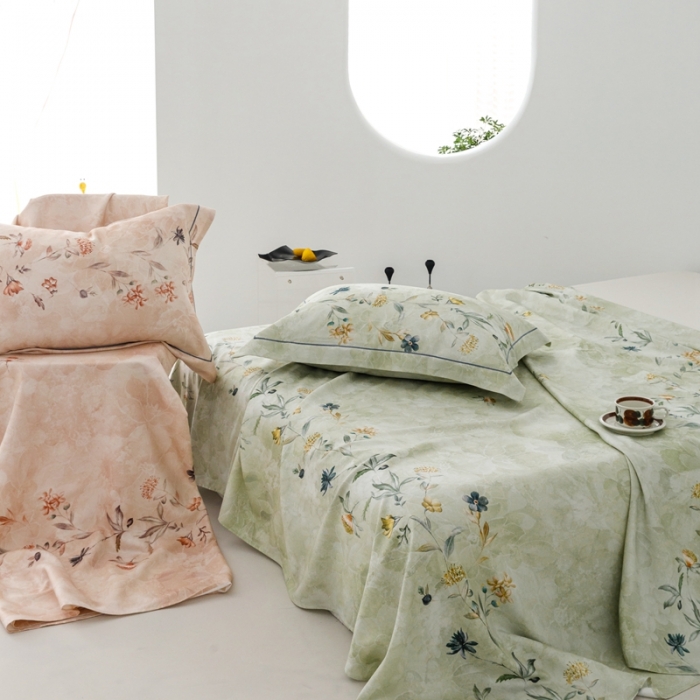 91家纺网 家纺一手货源 找家纺 榻尚 2024新款竹纤维印花夏凉席三件套 海棠绿