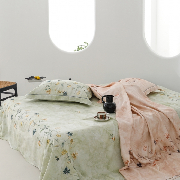 91家纺网 家纺一手货源 找家纺 榻尚 2024新款竹纤维印花夏凉席三件套 海棠绿